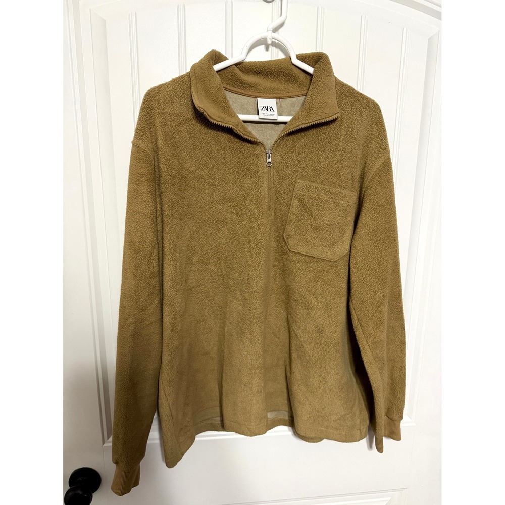 Zara Pullover Mens Large Quarter Zip Fleece Pocket Camel Tan EUC